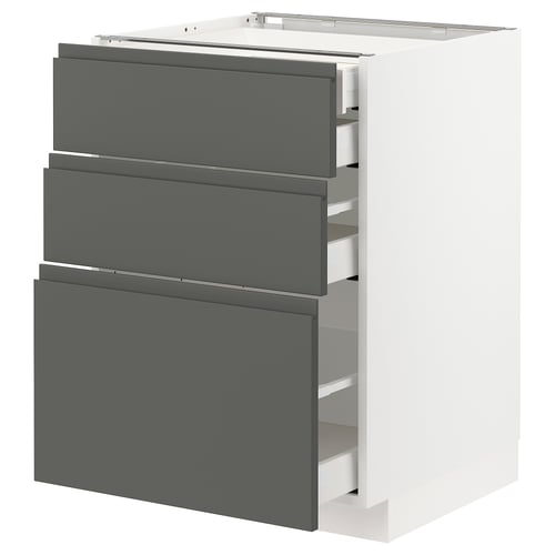 METOD / MAXIMERA خزانة قاعدة 3 واجهات/أدراج, أبيض/Voxtorp رمادي غامق, 60x60 سم
