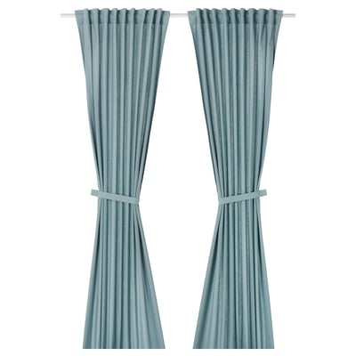 RITVA زوج ستائر مع مرابط, رمادي-أزرق/مع شريط ستارة, 145x300 سم