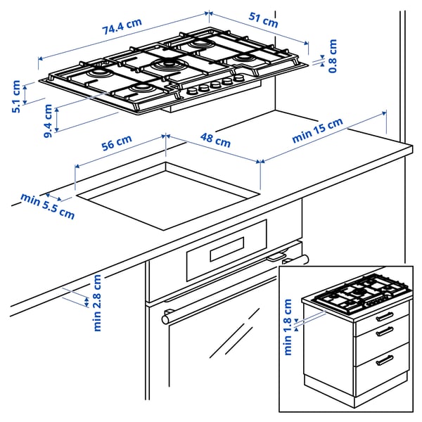SKÅLAN رأس طبخ غازي, IKEA 500 ستينلس ستيل, 74 سم