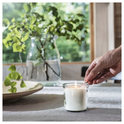 Hand lights small white candle in glass jar beside green plant, on light wooden table, creating cosy atmosphere.