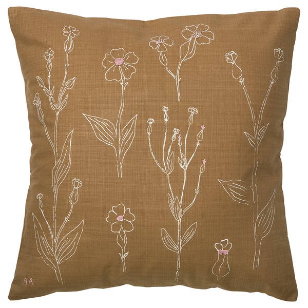 A brown square cushion cover with white line-drawn flowers and pink french knots, made of 100% cotton, hand-embroidered, suitable for sofa decoration.