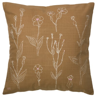 A brown square cushion cover with white line-drawn flowers and pink french knots, made of 100% cotton, hand-embroidered, suitable for sofa decoration.