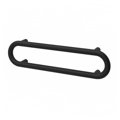 This image shows a BÄSINGEN towel rail in dark grey. Its sleek, curved design with no sharp corners is made of powder-coated steel.