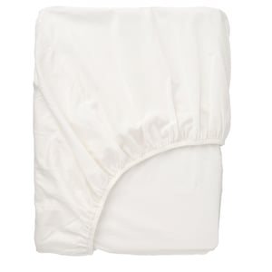 A white, folded organic cotton fitted sheet by BALSAMPOPPEL. Its square and has elastic edges for mattresses up to 26 cm thick.