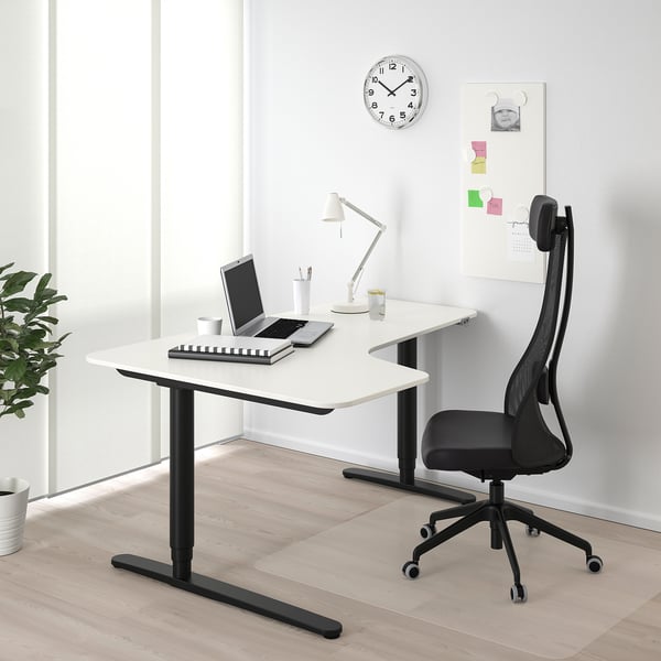 Bekant مكتب زاوية الجلوس يسارا وقوف أبيض أسود Ikea
