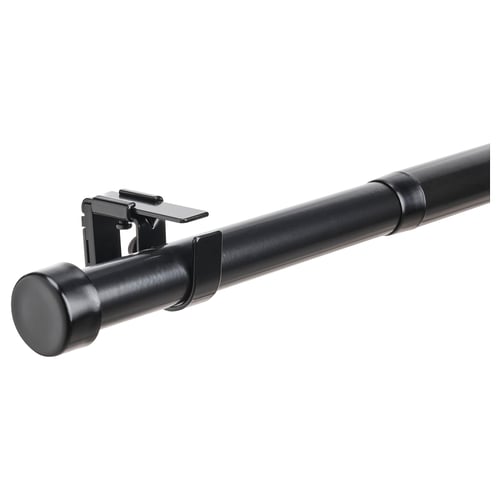 A black BEKRÄFTA curtain rod set with a connector, featuring a sleek design with metallic finish.