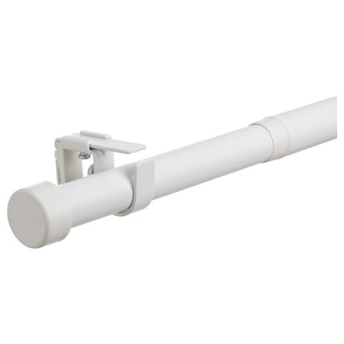 A white BEKRÄFTA curtain rod set with wall brackets, featuring a glossy finish and sleek, modern design.