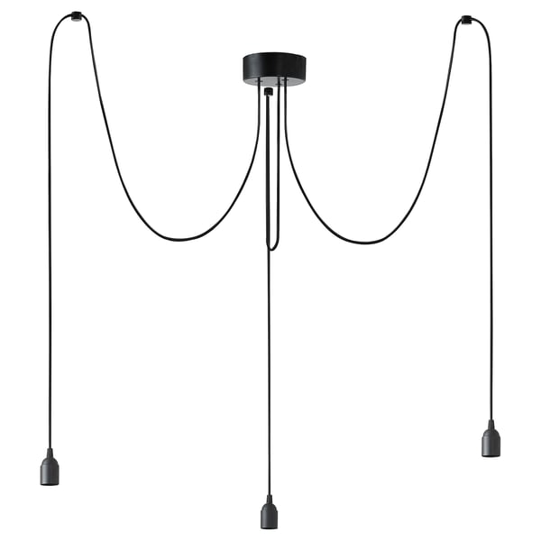 A black BENGTSBOL pendant lamp with 3 adjustable cables and minimalist bulb holders, ideal for customizable lighting.