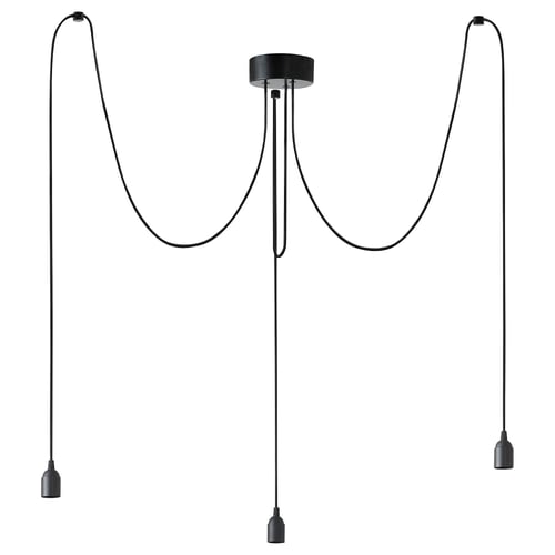 A black BENGTSBOL pendant lamp with 3 adjustable cables and minimalist bulb holders, ideal for customizable lighting.