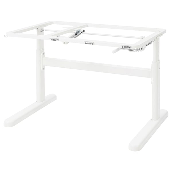 BERGLÄRKA white adjustable desk base, sturdy metal frame with plastic feet, rectangular design.