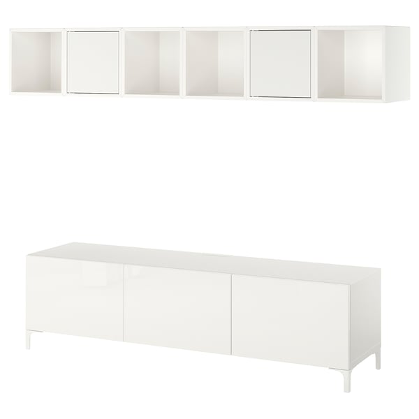 BESTÅ / EKET TV bench, white/Selsviken/Nannarp high-gloss/white frosted glass, 180x42x48 cm
