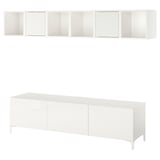 BESTÅ / EKET TV bench, white/Selsviken/Nannarp high-gloss/white frosted glass, 180x42x48 cm