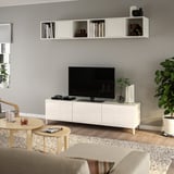 BESTÅ / EKET TV bench, white/Selsviken/Nannarp high-gloss/white frosted glass, 180x42x48 cm