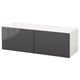 Displays a white and grey rectangular storage unit, part of the BESTÅ series. It a sleek design with two grey doors.