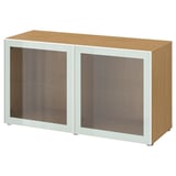 BESTÅ Shelf unit with glass doors, oak effect Glassvik/white/light green clear glass, 120x42x64 cm