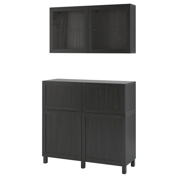 BESTÅ Storage combination w doors/drawers, black-brown/Hanviken/Stubbarp black-brown clear glass, 120x42x213 cm