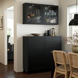 BESTÅ Storage combination w doors/drawers, black-brown/Hanviken/Stubbarp black-brown clear glass, 120x42x213 cm
