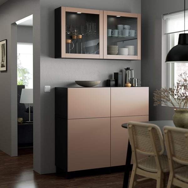 BESTÅ Storage combination w doors/drawers, black-brown Lappviken/Stubbarp/light grey-brown clear glass, 120x42x213 cm