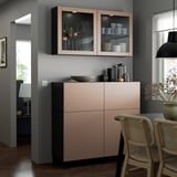 BESTÅ Storage combination w doors/drawers, black-brown Lappviken/Stubbarp/light grey-brown clear glass, 120x42x213 cm