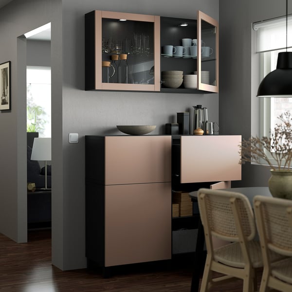 BESTÅ Storage combination w doors/drawers, black-brown Lappviken/Stubbarp/light grey-brown clear glass, 120x42x213 cm
