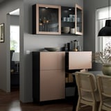 BESTÅ Storage combination w doors/drawers, black-brown Lappviken/Stubbarp/light grey-brown clear glass, 120x42x213 cm