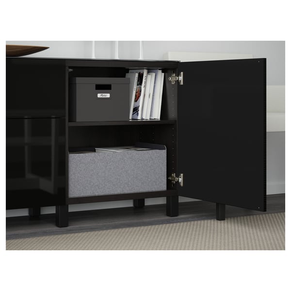 BESTÅ Storage combination w doors/drawers, Laxviken black/Selsviken high-gloss/black, 180x42x74 cm