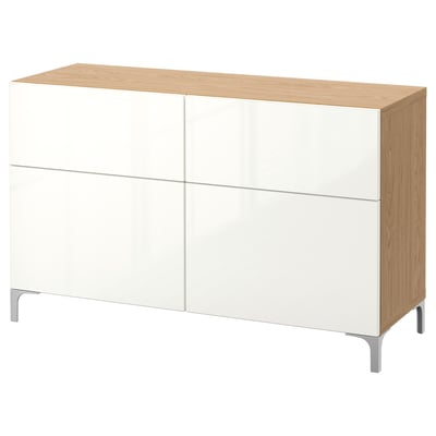 BESTÅ Storage combination w doors/drawers, oak effect/Selsviken high-gloss/white, 120x42x74 cm