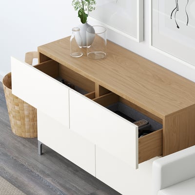 BESTÅ Storage combination w doors/drawers, oak effect/Selsviken high-gloss/white, 120x42x74 cm