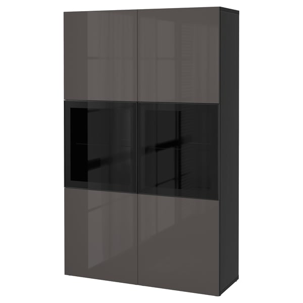 Modern black BESTÅ tv unit with glass doors, sleek design for cable storage.