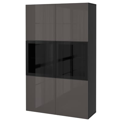 Modern black BESTÅ tv unit with glass doors, sleek design for cable storage.