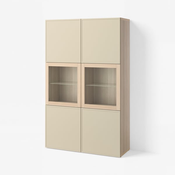 BESTÅ Storage combination w glass doors, white stained oak effect/Krukmakare beige, 120x42x193 cm
