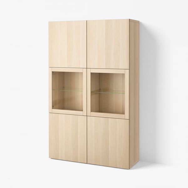 BESTÅ Storage combination w glass doors, white stained oak effect Lappviken/Sindvik white stained oak eff clear glass, 120x42x193 cm