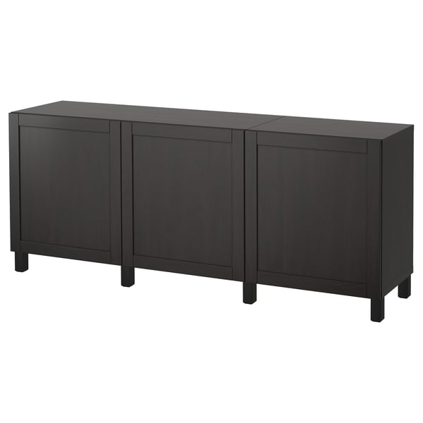 Black ikea BESTÅ sideboard, rectangular, with four doors and square legs.