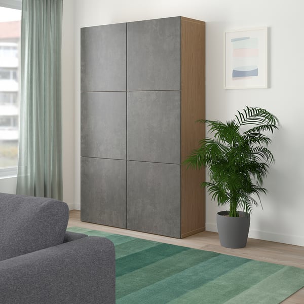 BESTÅ Storage combination with doors, oak effect Kallviken/dark grey concrete effect, 120x42x193 cm