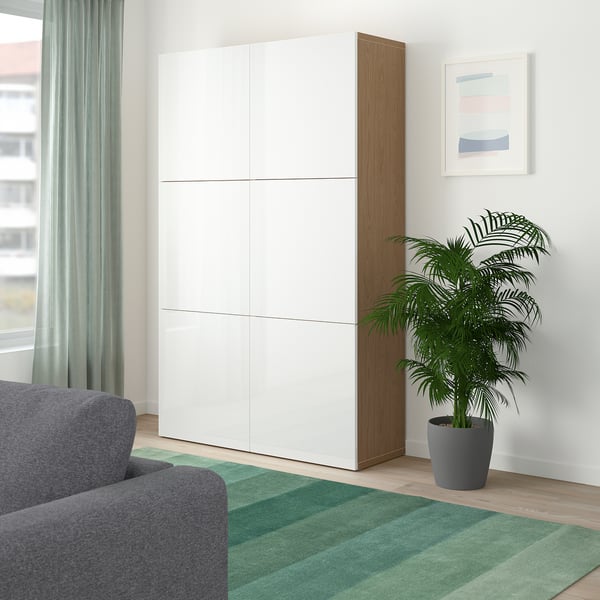 BESTÅ Storage combination with doors, oak effect/Selsviken high-gloss/white, 120x42x193 cm