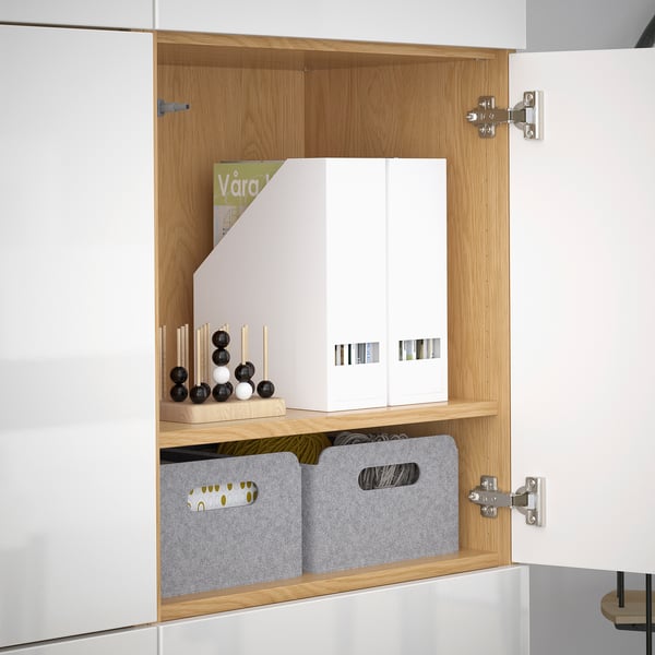 BESTÅ Storage combination with doors, oak effect/Selsviken high-gloss/white, 120x42x193 cm