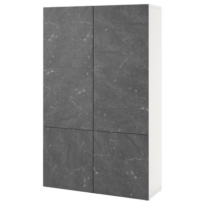 BESTÅ Storage combination with doors, white Bergsviken/black marble effect, 120x42x193 cm