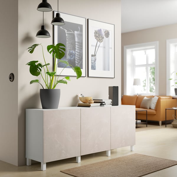 BESTÅ Storage combination with doors, white Bergsviken/Stubbarp/beige marble effect, 180x42x74 cm