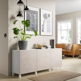 BESTÅ Storage combination with doors, white Bergsviken/Stubbarp/beige marble effect, 180x42x74 cm