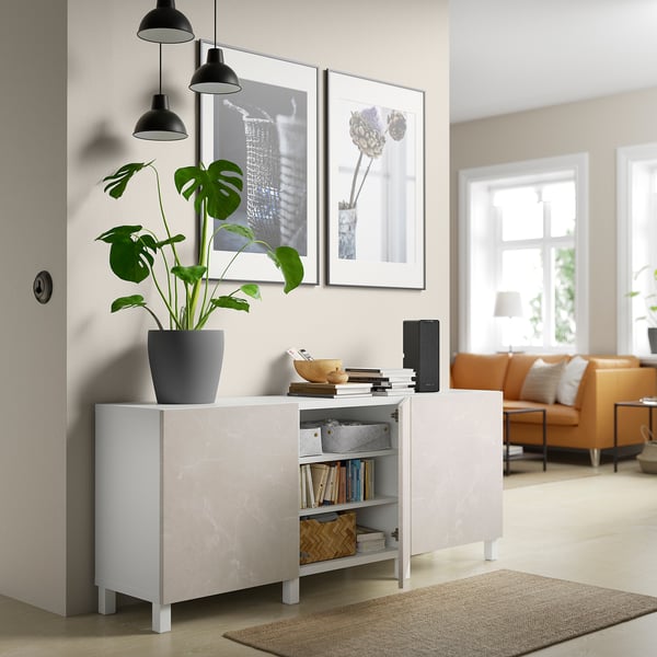 BESTÅ Storage combination with doors, white Bergsviken/Stubbarp/beige marble effect, 180x42x74 cm