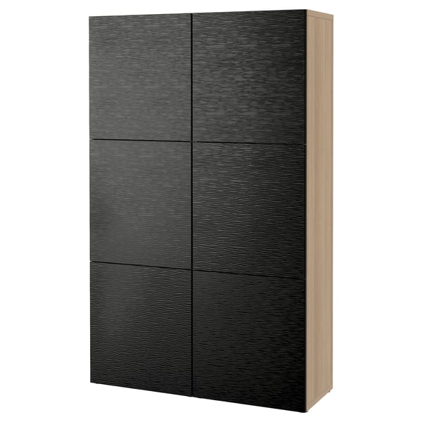 BESTÅ Storage combination with doors, white stained oak effect/Laxviken black, 120x42x193 cm