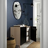 BESTÅ Storage combination with doors, white stained oak effect/Laxviken/Stubbarp black, 120x42x74 cm