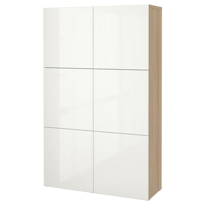 BESTÅ Storage combination with doors, white stained oak effect/Selsviken high-gloss/white, 120x42x193 cm
