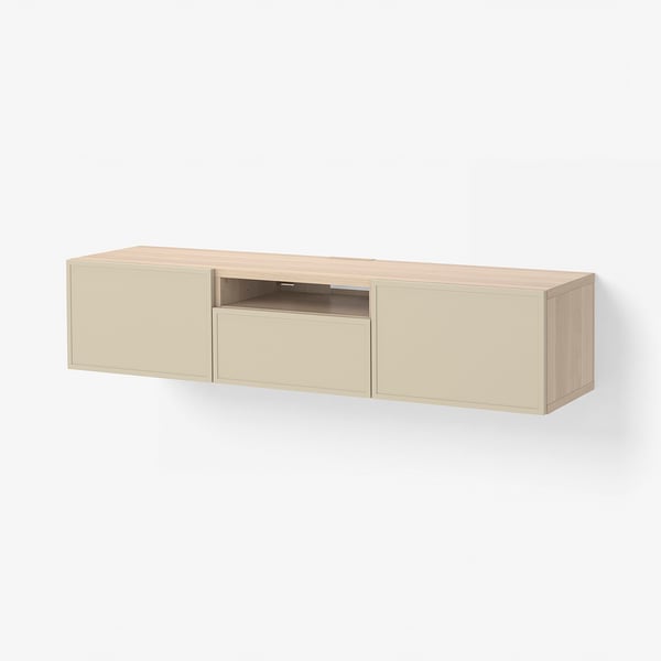 BESTÅ TV bench, white stained oak effect/Krukmakare beige, 180x42x39 cm