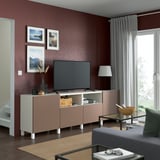 BESTÅ TV bench with doors and drawers, white/Lappviken/Stubbarp light grey-brown, 240x42x74 cm