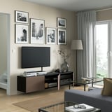 BESTÅ TV bench with doors, black-brown/Lappviken light grey-brown, 180x42x38 cm