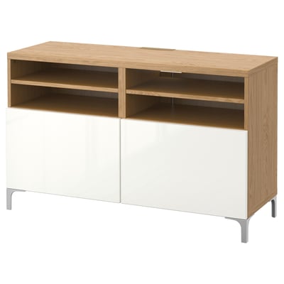 BESTÅ TV bench with doors, oak effect/Selsviken/Nannarp high-gloss/white, 120x42x74 cm