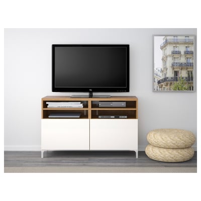 BESTÅ TV bench with doors, oak effect/Selsviken/Nannarp high-gloss/white, 120x42x74 cm