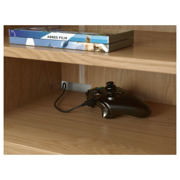 BESTÅ TV bench with doors, oak effect/Selsviken/Nannarp high-gloss/white, 120x42x74 cm