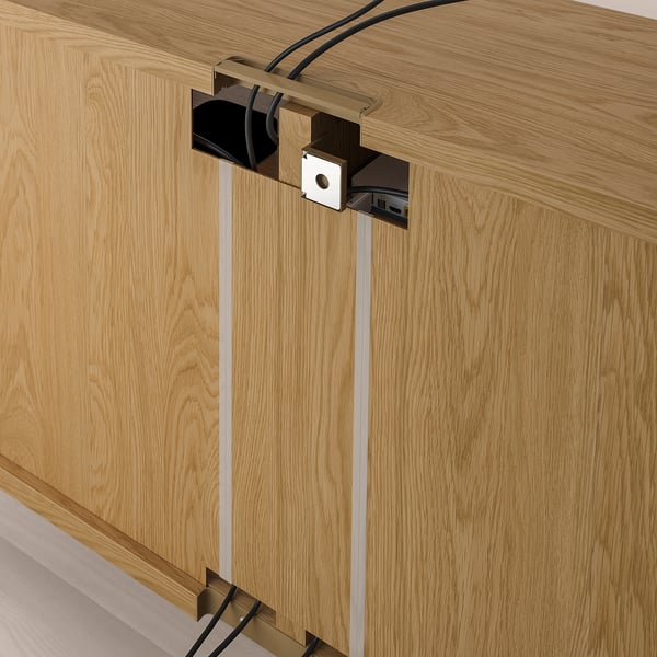 BESTÅ TV bench with doors, oak effect/Selsviken/Nannarp high-gloss/white, 120x42x74 cm